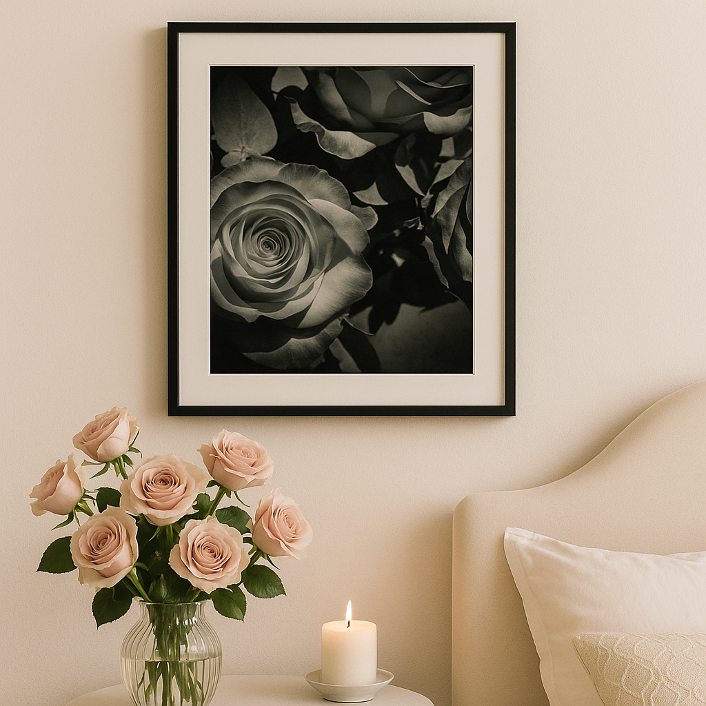 V Day – Black and White Rose Photography Print | Romantic Floral Wall Art