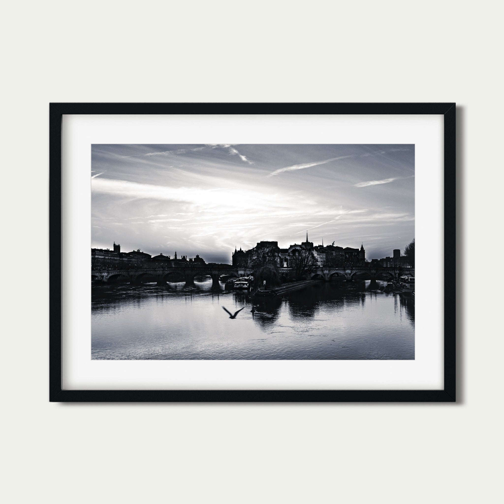 Flight Over Île de la Cité - Black and White Paris Photography Print