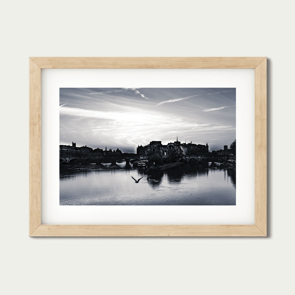 Flight Over Île de la Cité - Black and White Paris Photography Print