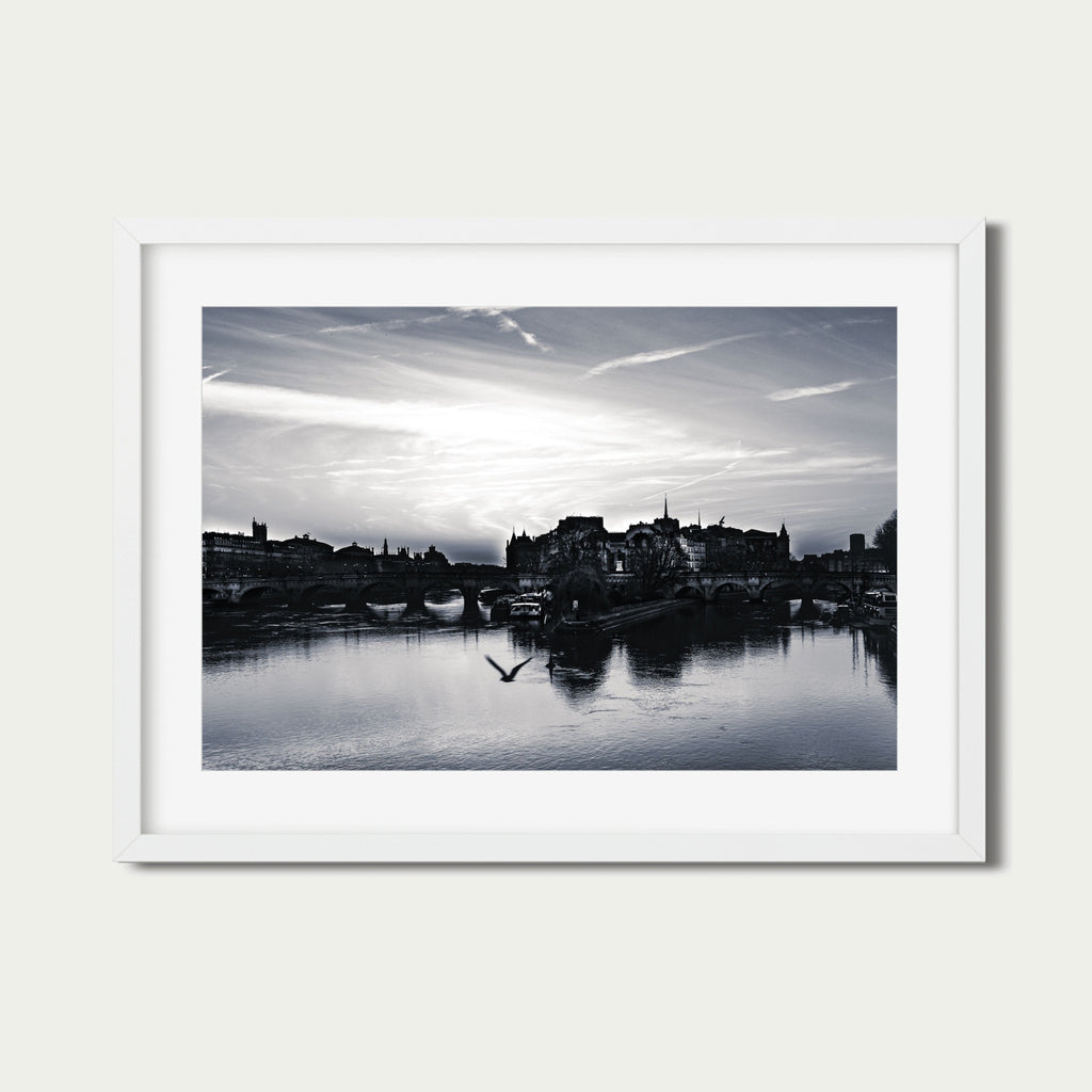 Flight Over Île de la Cité - Black and White Paris Photography Print