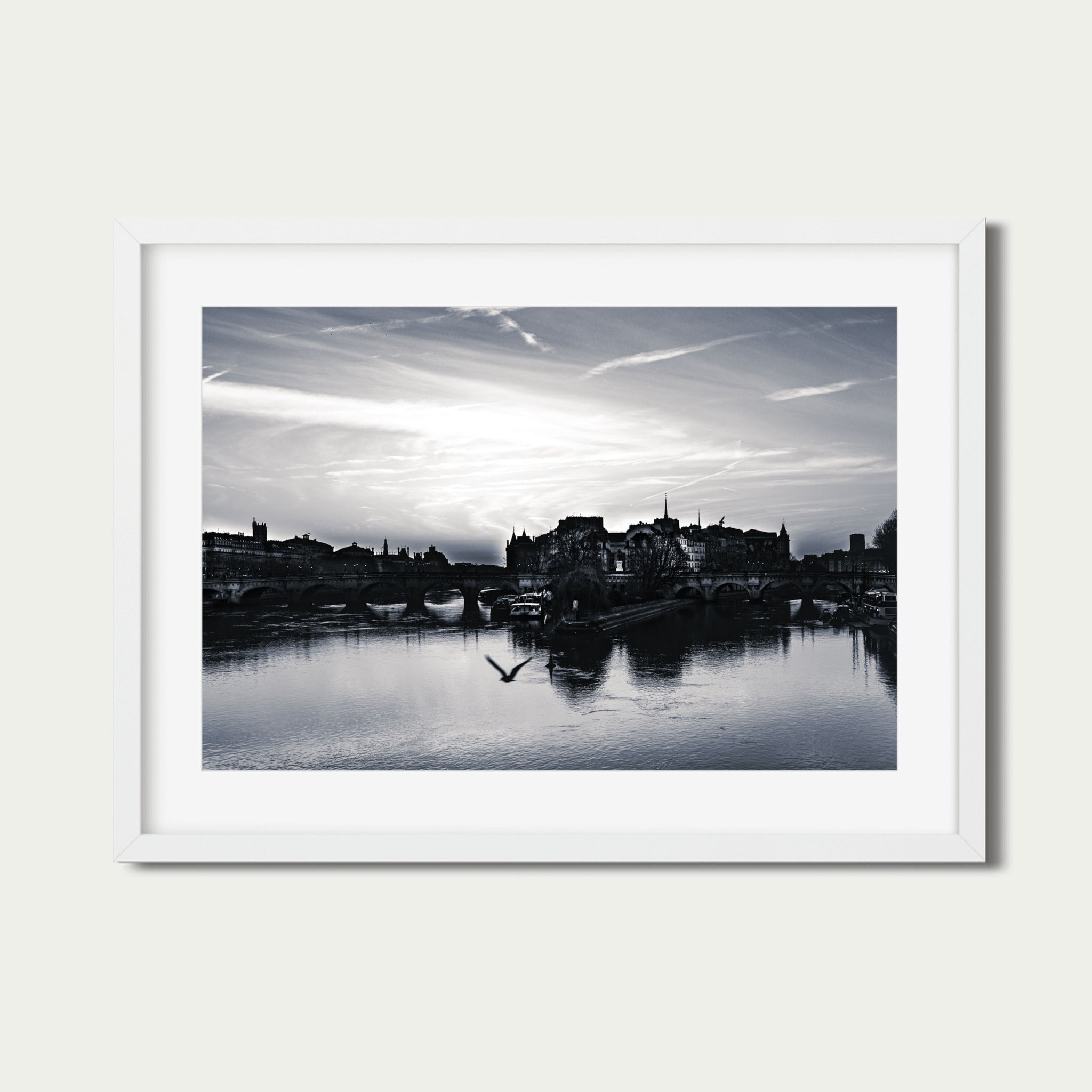 Flight Over Île de la Cité - Black and White Paris Photography Print