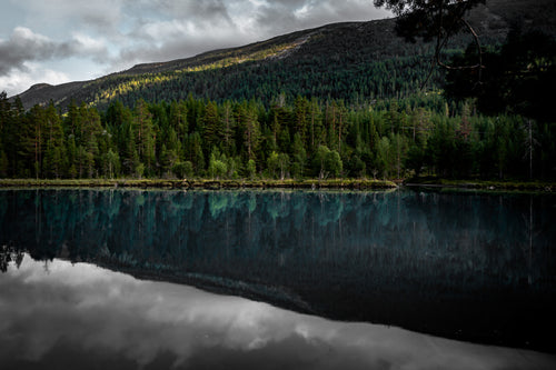 Norway fjord at dusk reflecting dark mountains – Midnight Fjord fine art landscape print.