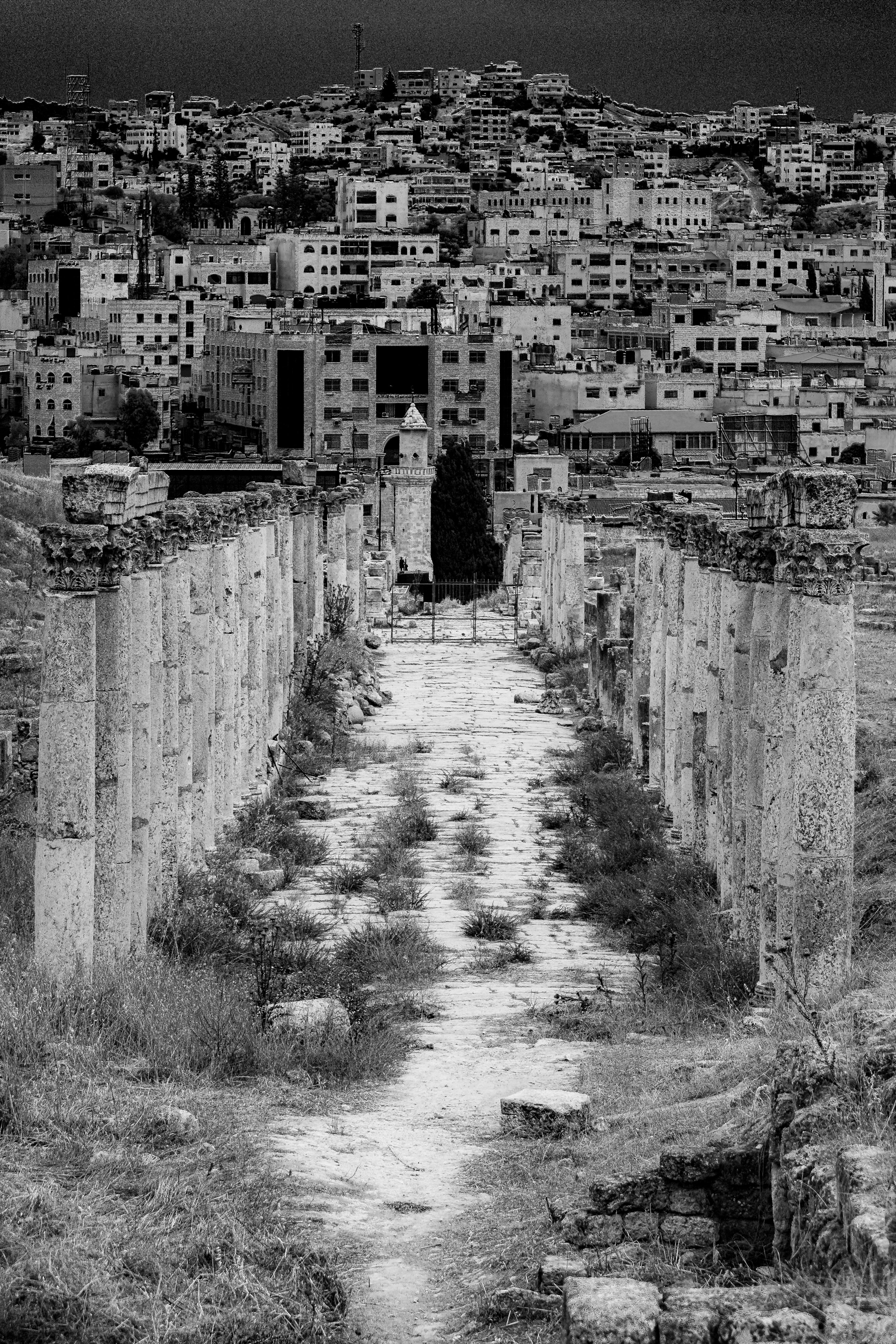 Ruins and Rising – Ancient Roman Columns in Jerash, Jordan | Black and White Fine Art Photography