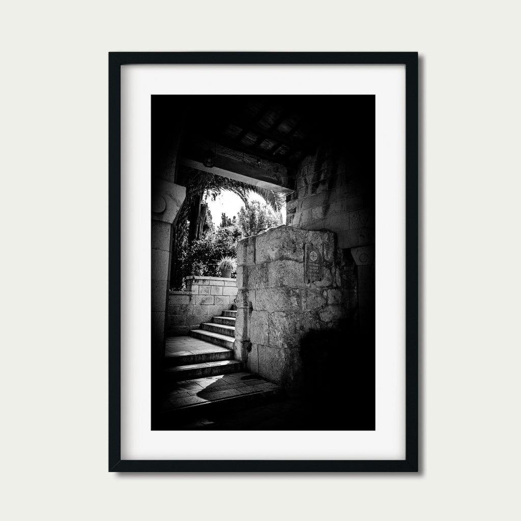 Sanctuary Steps – Sacred Stairway Photography in Ein Kerem, Israel | Black and White Spiritual Wall Art