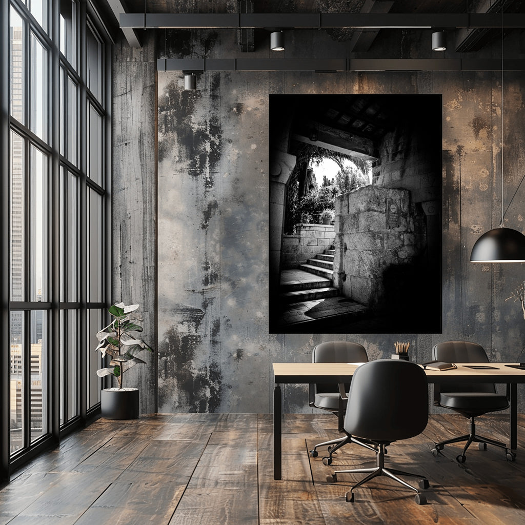 Sanctuary Steps – Sacred Stairway Photography in Ein Kerem, Israel | Black and White Spiritual Wall Art
