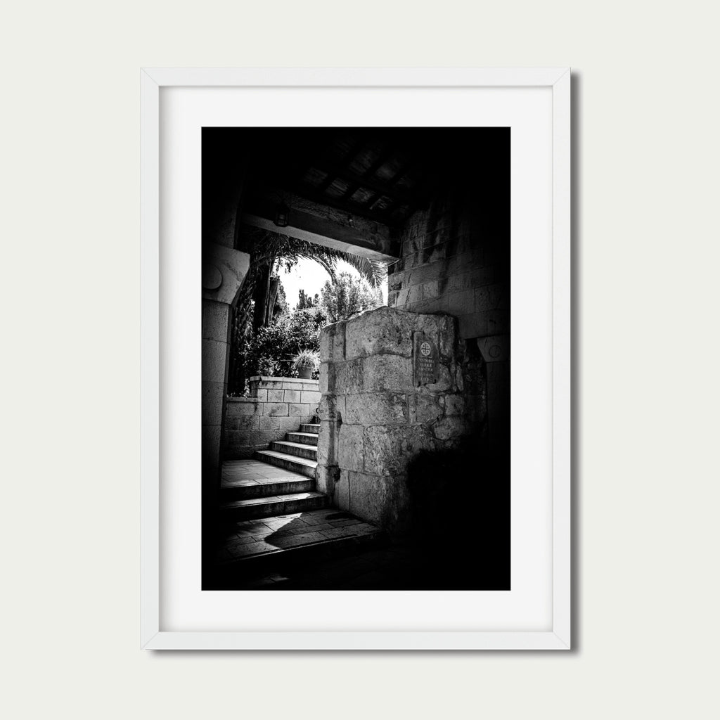Sanctuary Steps – Sacred Stairway Photography in Ein Kerem, Israel | Black and White Spiritual Wall Art