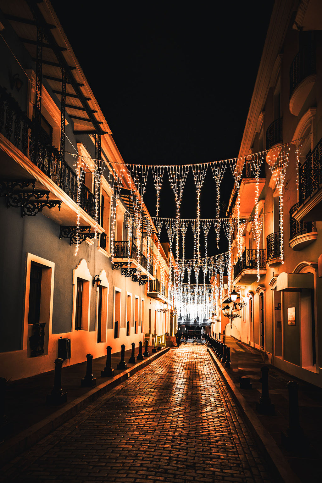 Old San Juan Night Photography | Cobblestone Street Under String Lights Wall Art