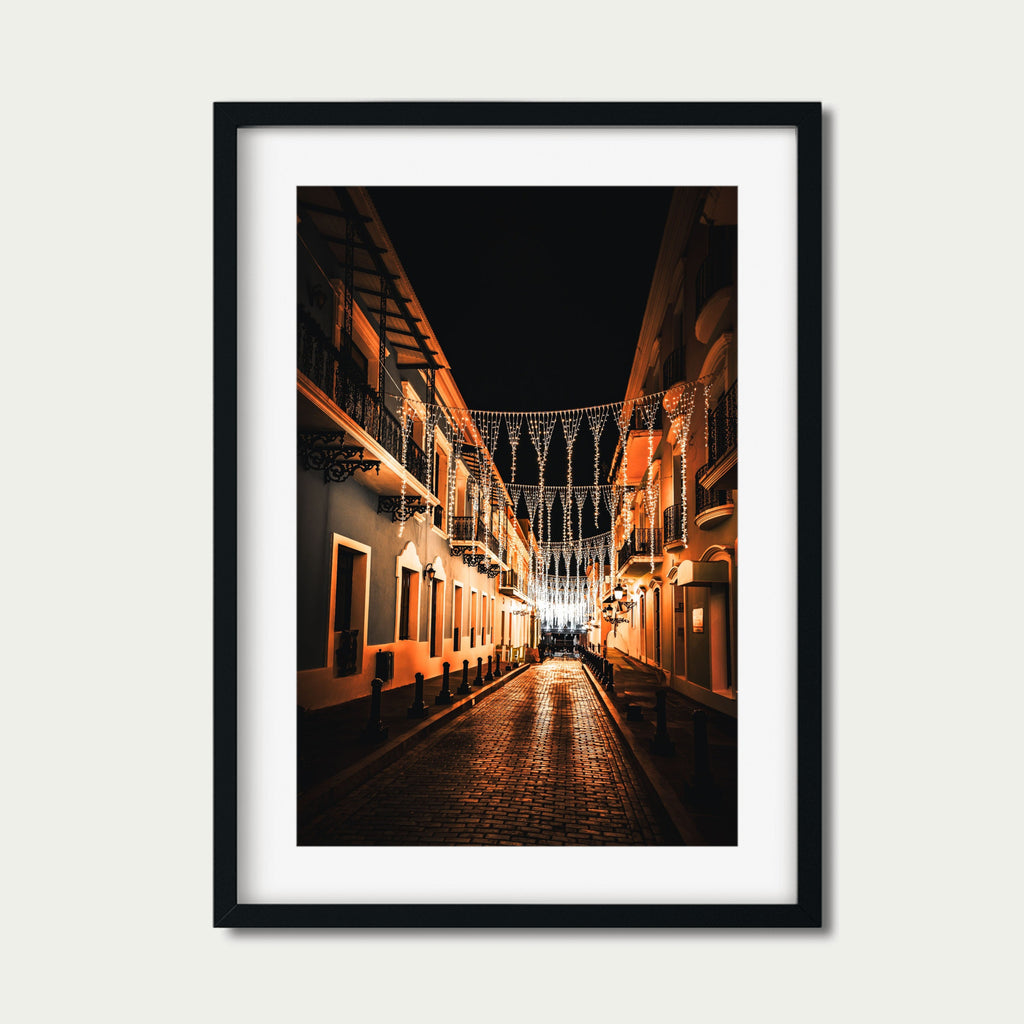 Old San Juan Night Photography | Cobblestone Street Under String Lights Wall Art