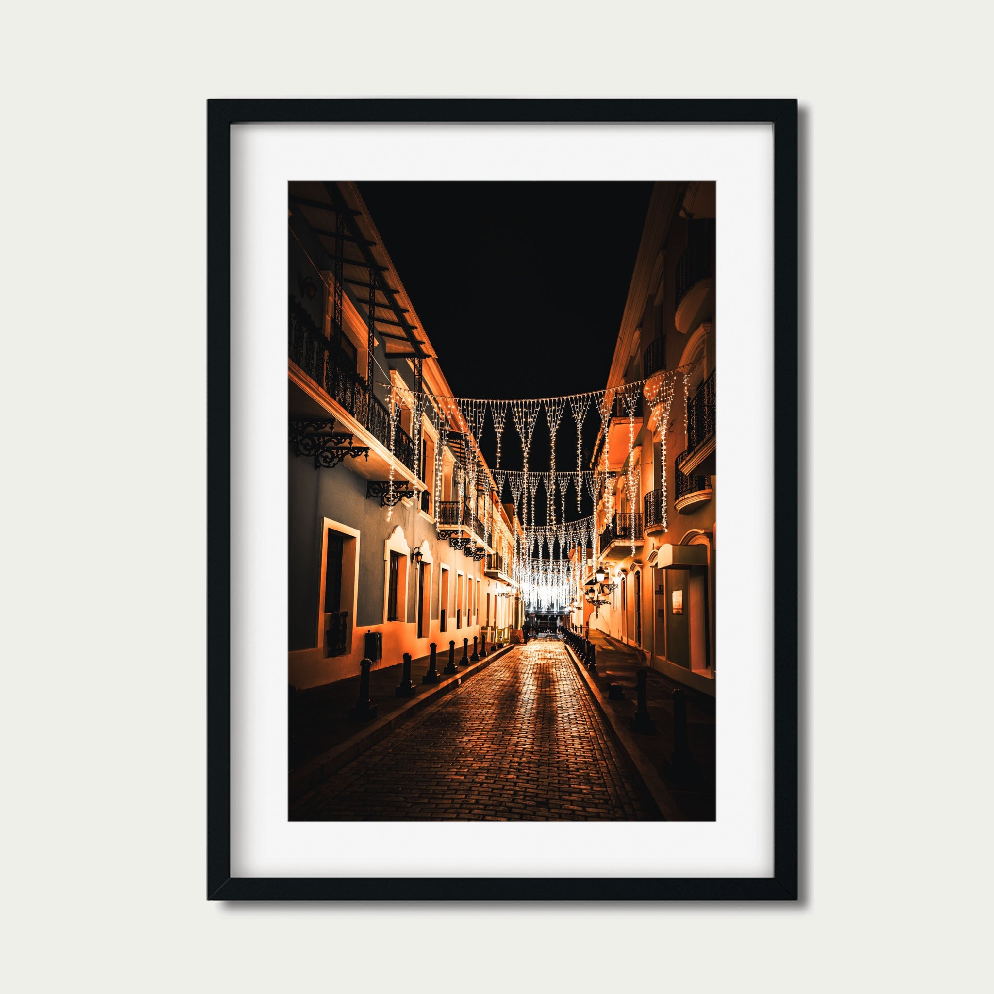 Old San Juan Night Photography | Cobblestone Street Under String Lights Wall Art