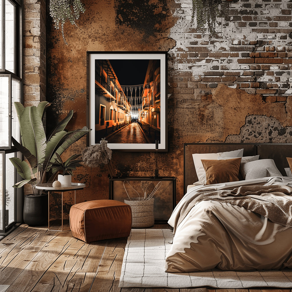 Old San Juan Night Photography | Cobblestone Street Under String Lights Wall Art
