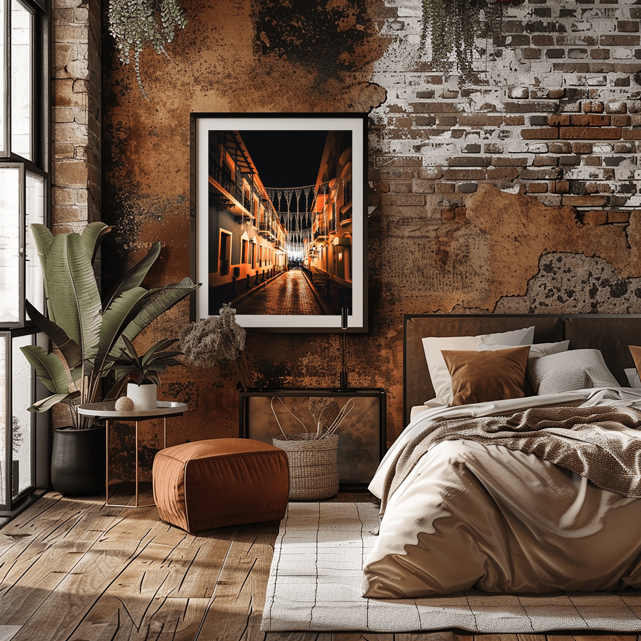 Old San Juan Night Photography | Cobblestone Street Under String Lights Wall Art