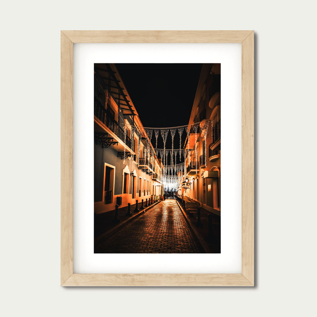 Old San Juan Night Photography | Cobblestone Street Under String Lights Wall Art