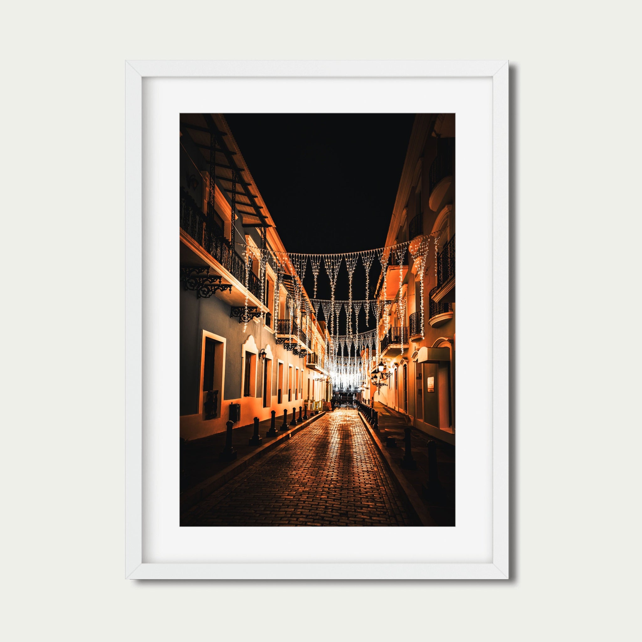 Old San Juan Night Photography | Cobblestone Street Under String Lights Wall Art