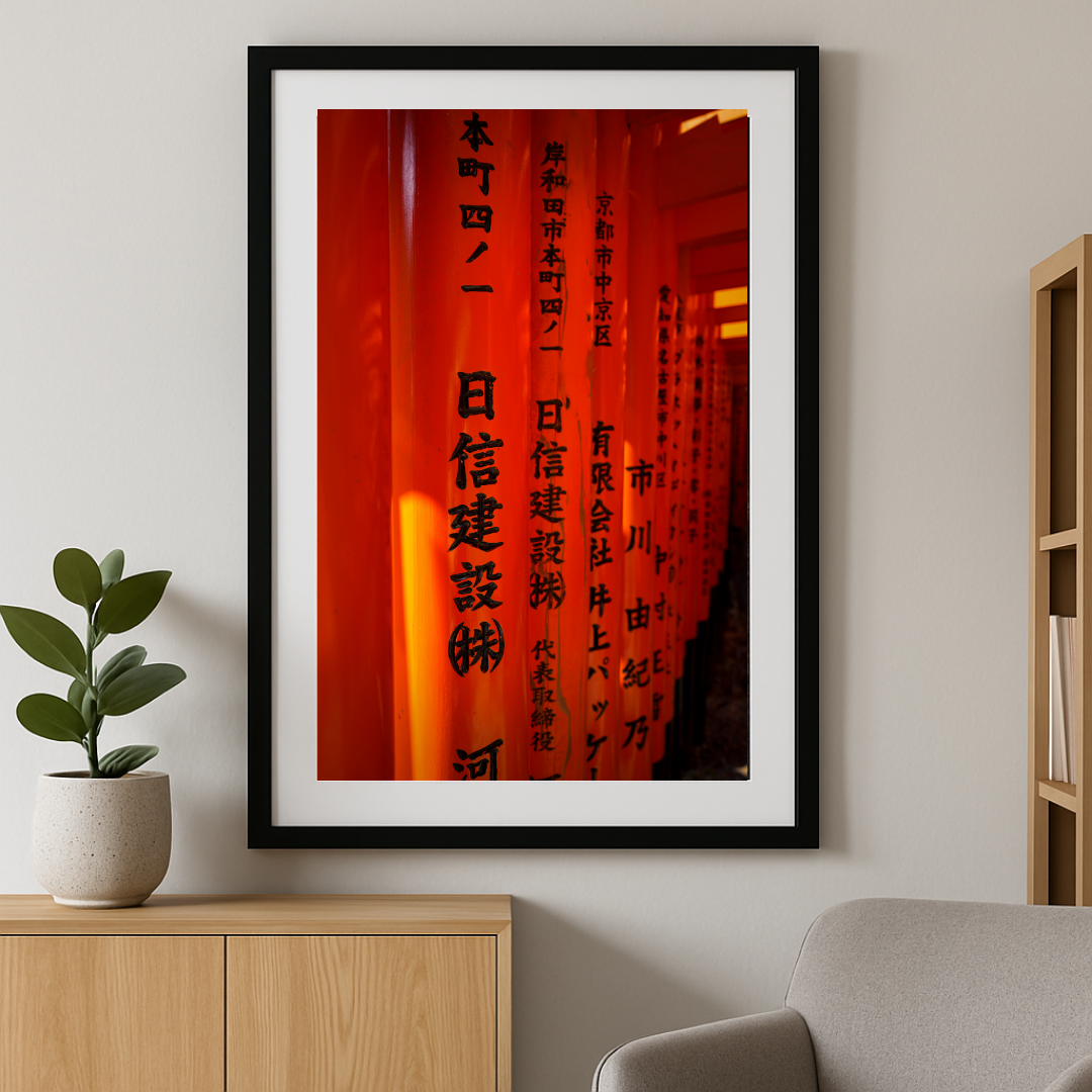 Torii Gate Calligraphy – Fushimi Inari Shrine Kyoto Photography Print | Japanese Wall Art